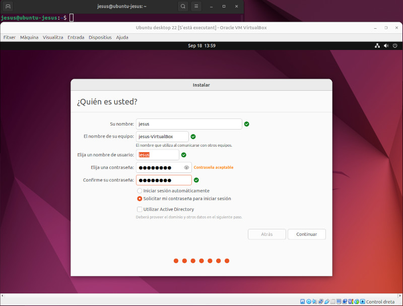 Imatge de la creació de l'usuari i nom de l'equip