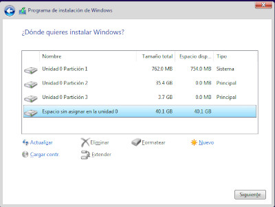 Imatge del particionat realitzat per a la instal·lació del sistema operatiu