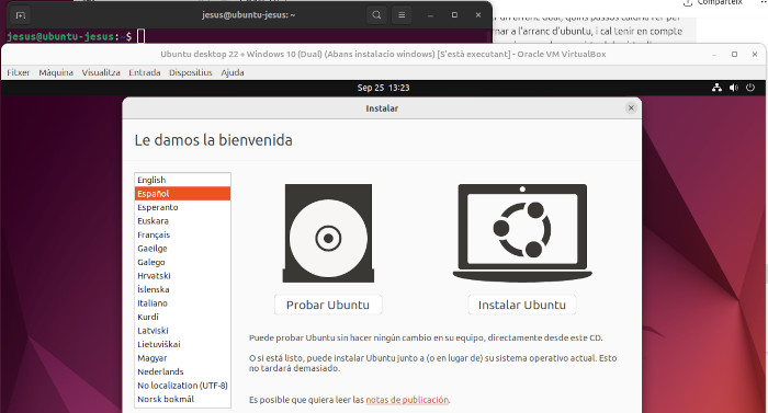 Imatge on es veu si es tria provar o instal·lar Ubuntu