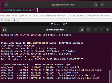 Imatge amb les diferents particions del disc virtual