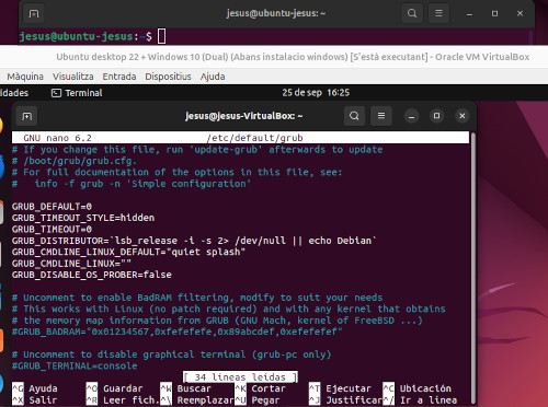 imatge de comprovacio del fitxer de configuració del GRUB