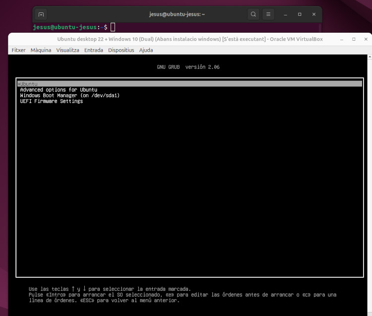 Imatge de comprovació que apareix el menú d'inici del GRUB