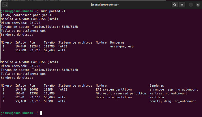 Imatge amb el particionat al disc dur d'Ubuntu