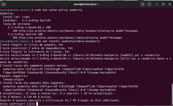 Imatge amb la instal·lació d'audacity