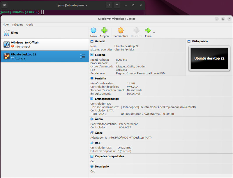 Resum de les opcions aplicades a VirtualBox