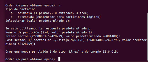 Imatge de la creació de la segona particio del disc dur