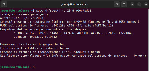 Imatge del formateig de la primera particio del disc dur