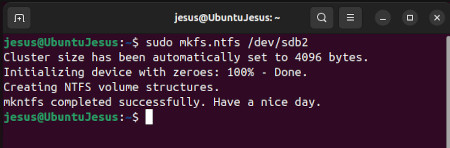 Imatge del formateig de la segona partició del disc amb el sistema NTFS